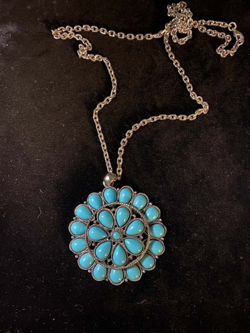 Vintage Silver tone Stunning Native Faux Turquoise Large Necklace Unisex